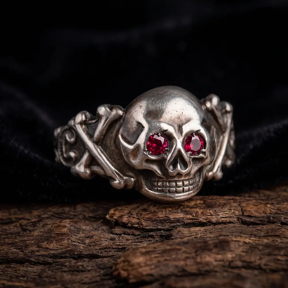 WW2 German Silver Skull Ring with Ruby Eyes and Crossbones