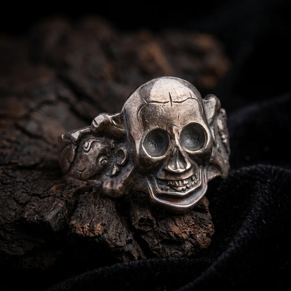 WW2 German Silver Skull Ring with Serpents and Oak Leaves