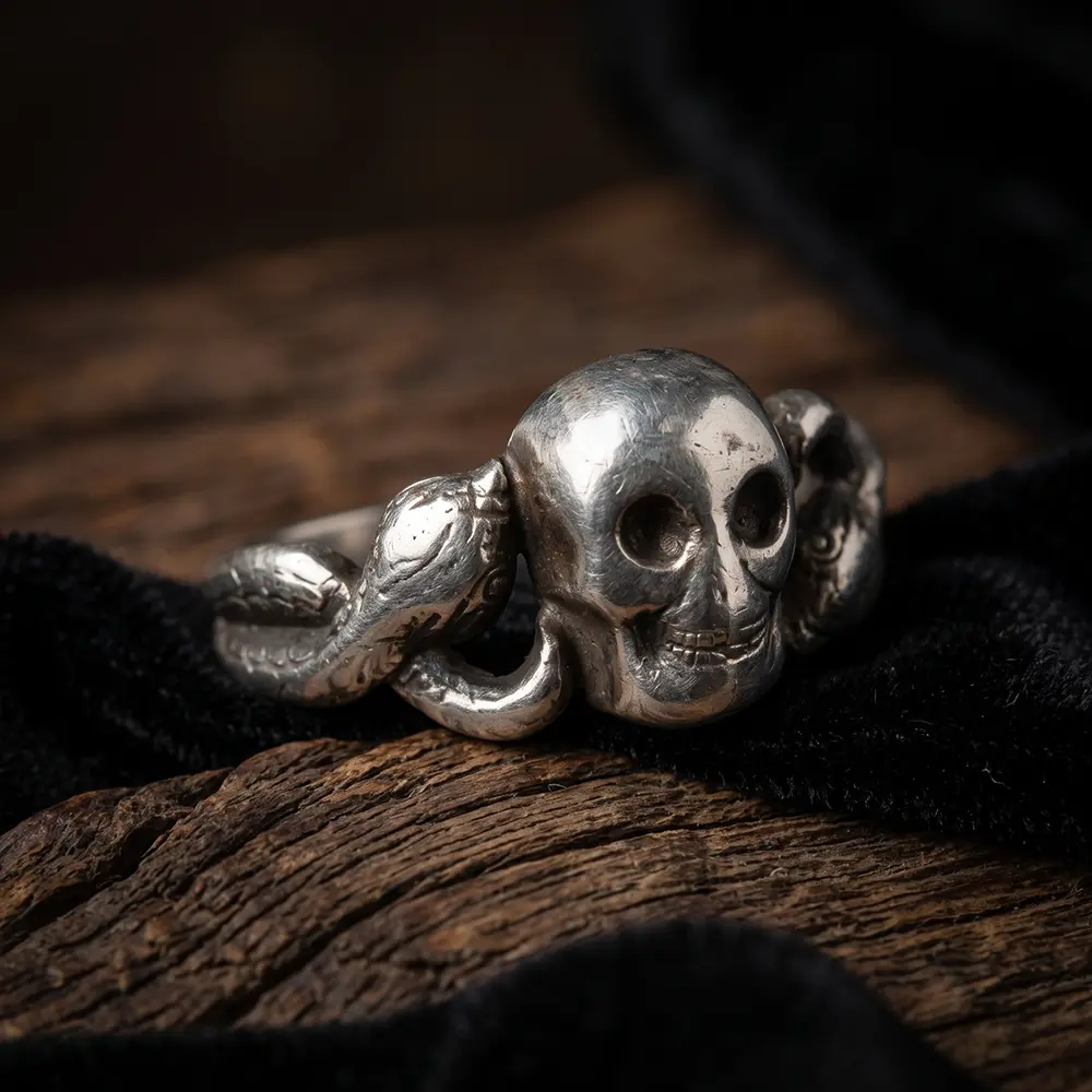 WW2 German Silver Skull Ring Flanked by Coiling Serpents