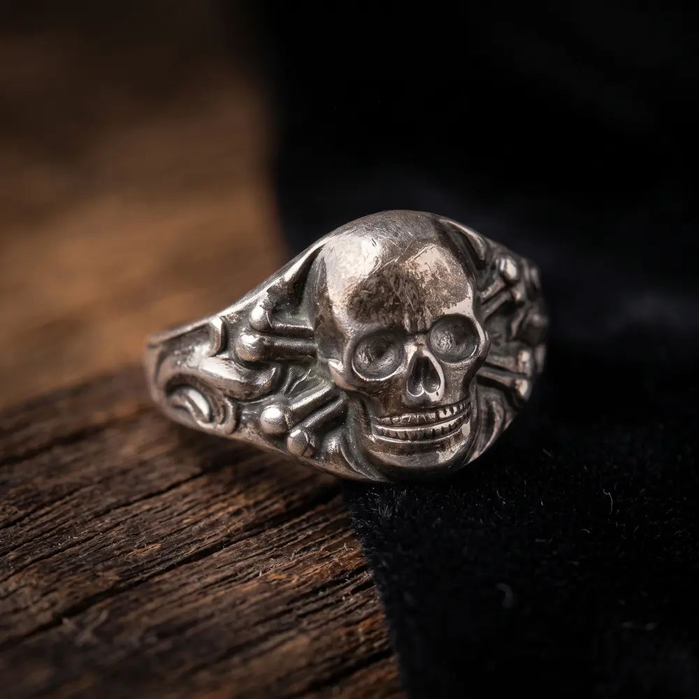 WW2 German Silver Skull Ring with Crossbones and Scrollwork