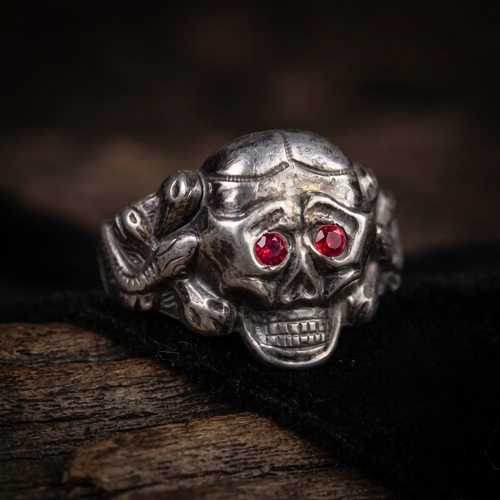 WW2 German Silver Skull Ring with Ruby Eyes and Serpents