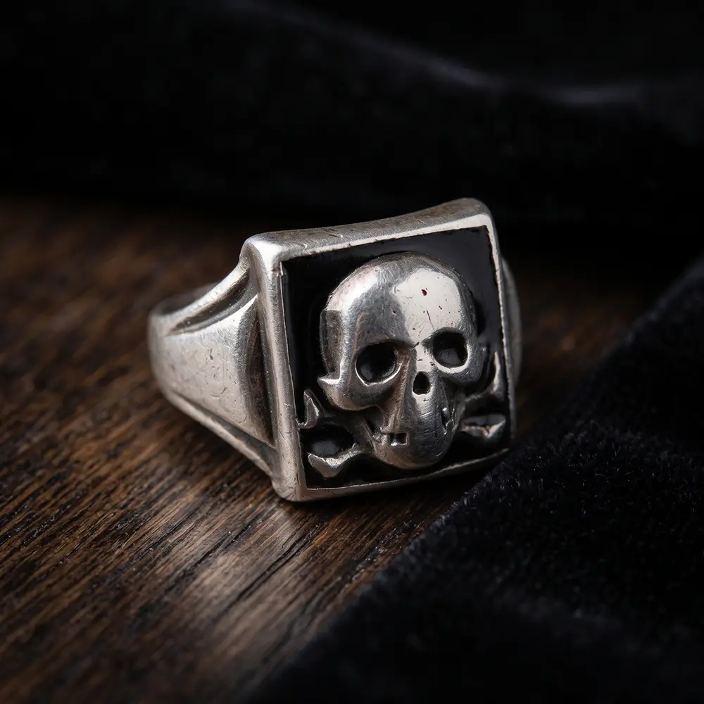 WW2 German Silver Square Skull Ring with Black Enamel