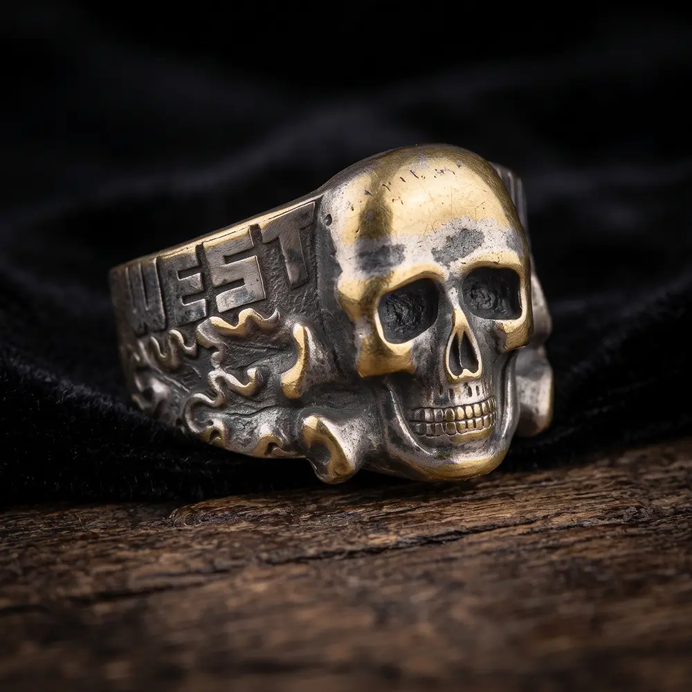 WW2 German Silver-Plated Brass Skull Ring with Westwall Inscription