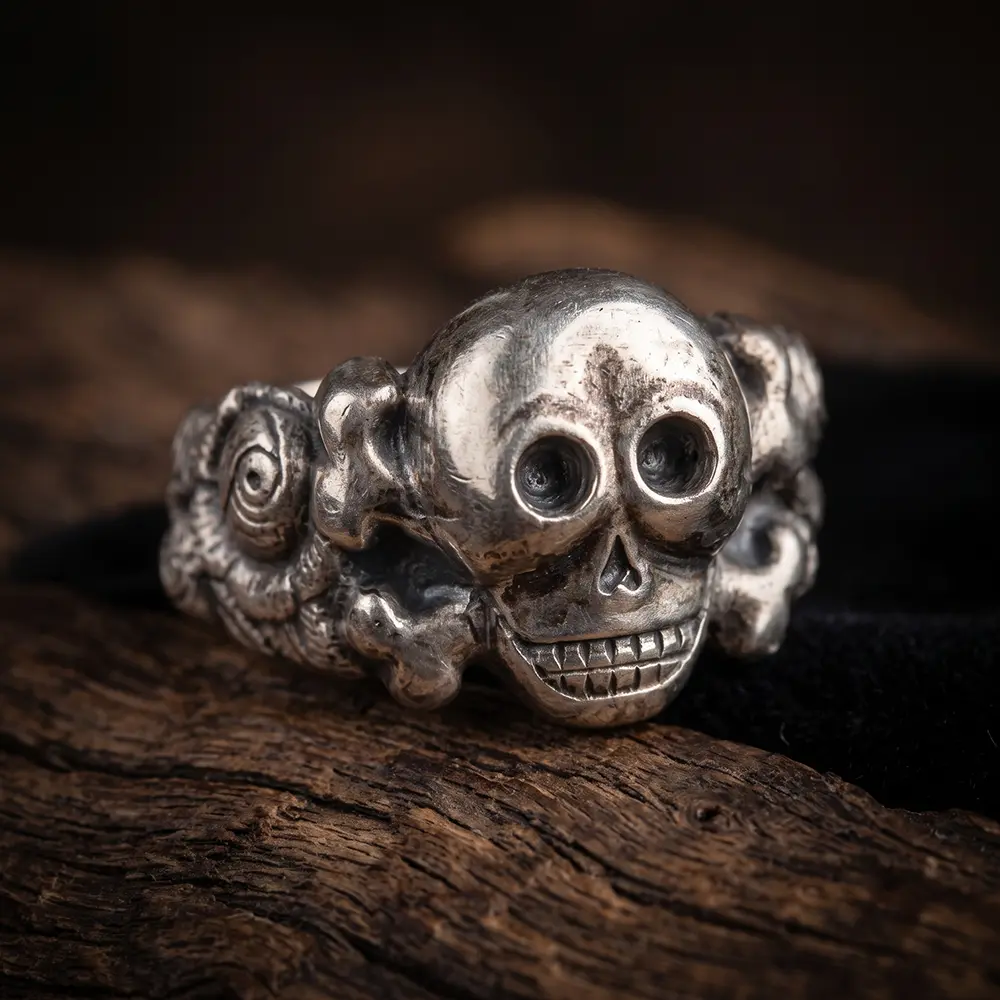 WW2 German Silver Skull Ring with Rose Blossoms